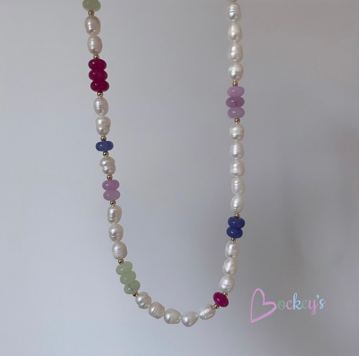 Colorful natural freshwater pearl necklace with natural rondelle stones and gold-plated beads