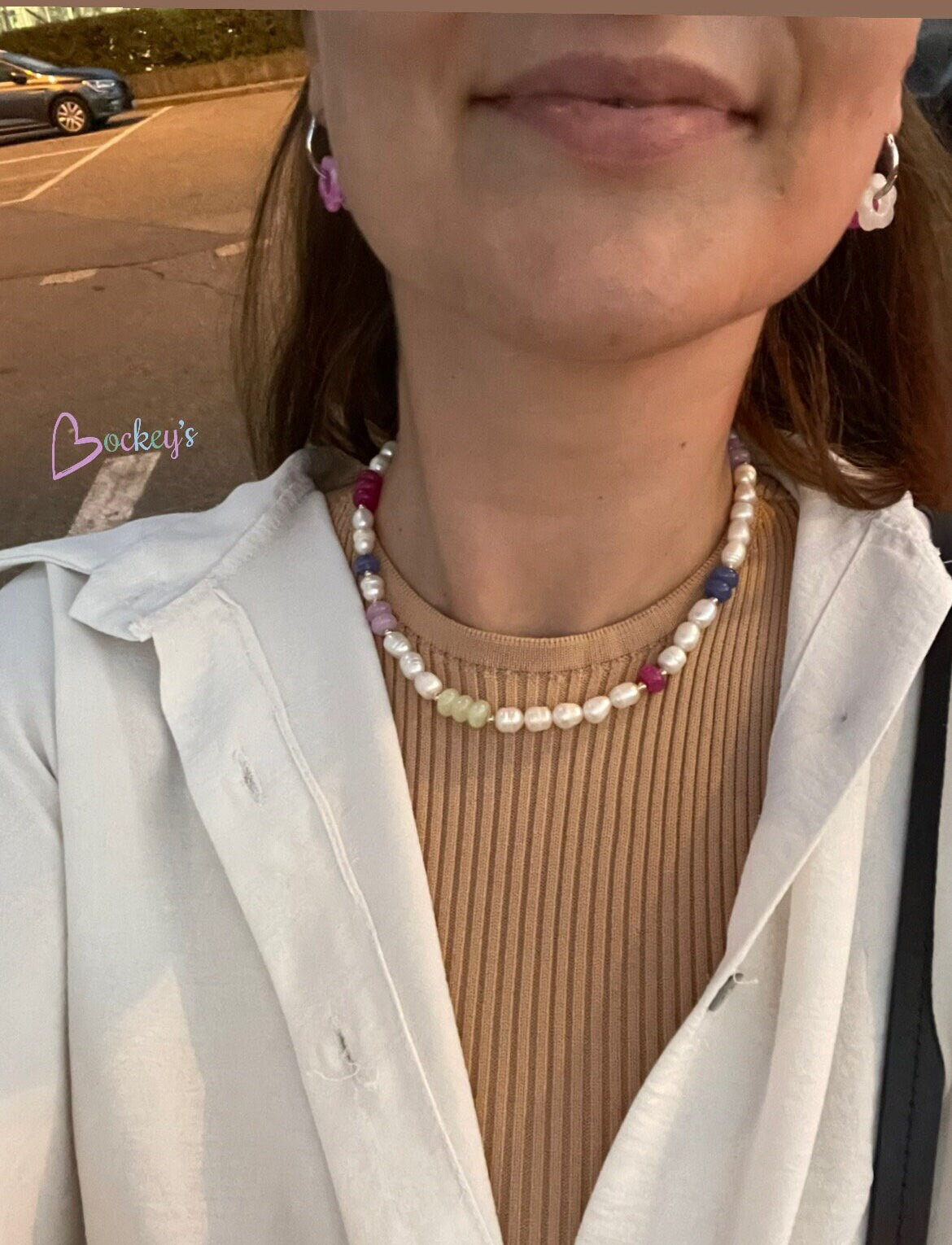 Colorful natural freshwater pearl necklace with natural rondelle stones and gold-plated beads