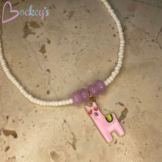 White summer beaded necklace with alpaca charm pink purple