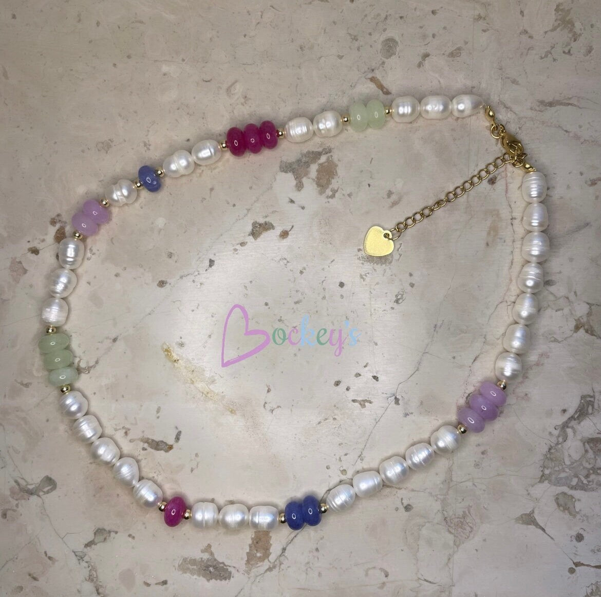 Colorful natural freshwater pearl necklace with natural rondelle stones and gold-plated beads
