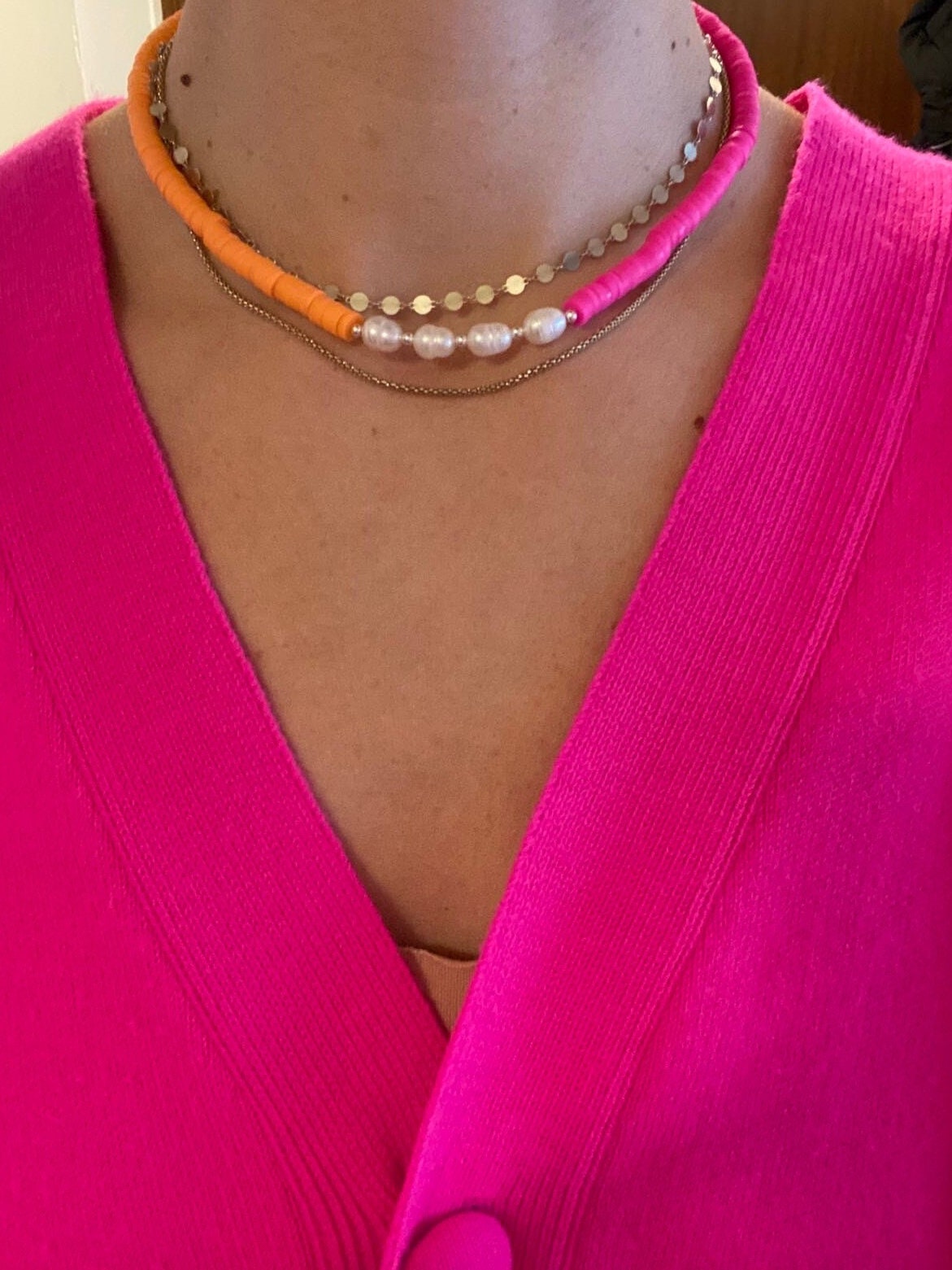 Statement multi-color necklace with freshwater pearls and flat beads