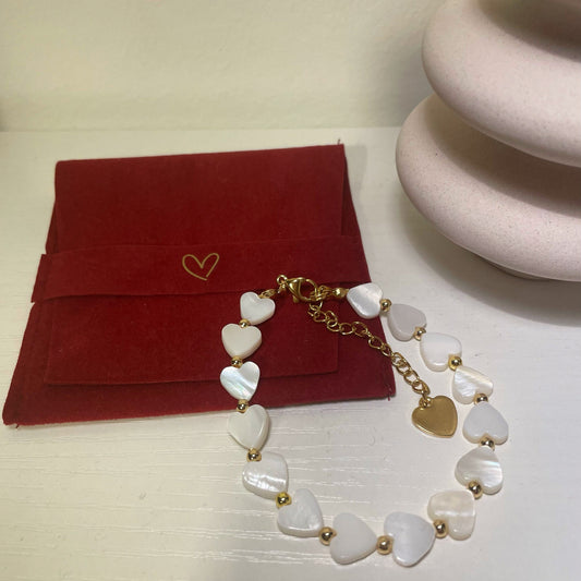 Mother of pearl love necklace bracelet set with gold-plated beads