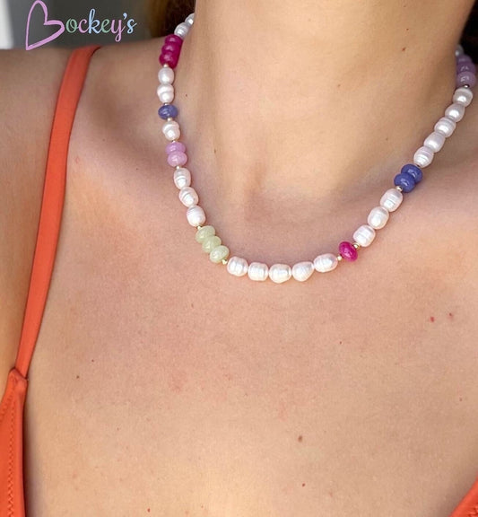 Colorful natural freshwater pearl necklace with natural rondelle stones and gold-plated beads