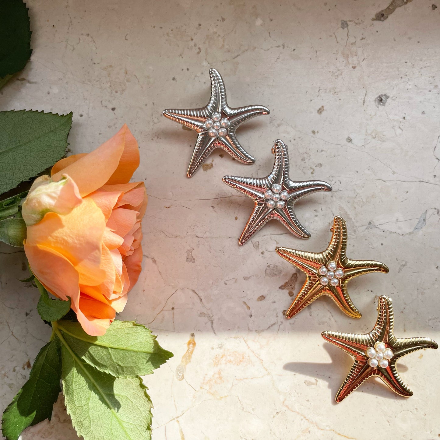 Chunky starfish stainless steel earings with pearls