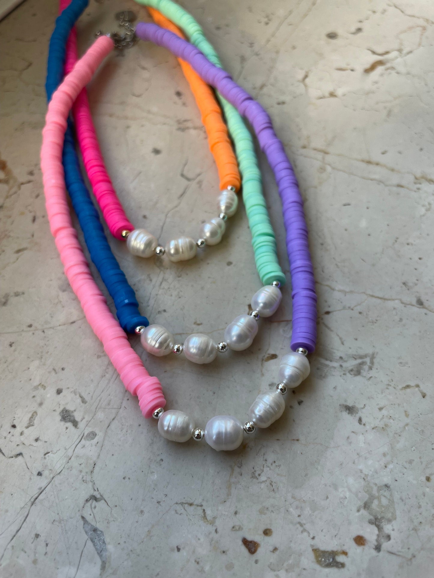 Statement multi-color necklace with freshwater pearls and flat beads